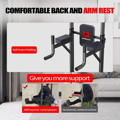 Adjustable Height Power Tower Dip Station – Multi-Function Pull Up Bar, Strength Training Workout Station for Home Gym – Black T055KX, No Backrest & Red T055CDU Models