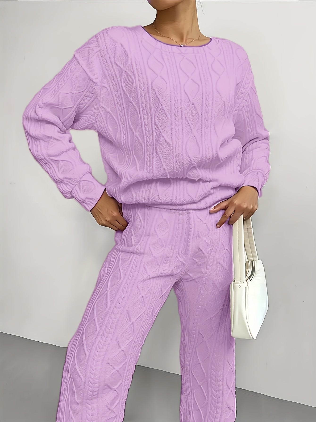 Women's 2-Piece Pullover Sweatsuit Set – Textured Jacquard Crewneck Long Sleeve Top & Sweatpants Tracksuit Breathable Casual Loungewear for Spring Summer S-XXL
