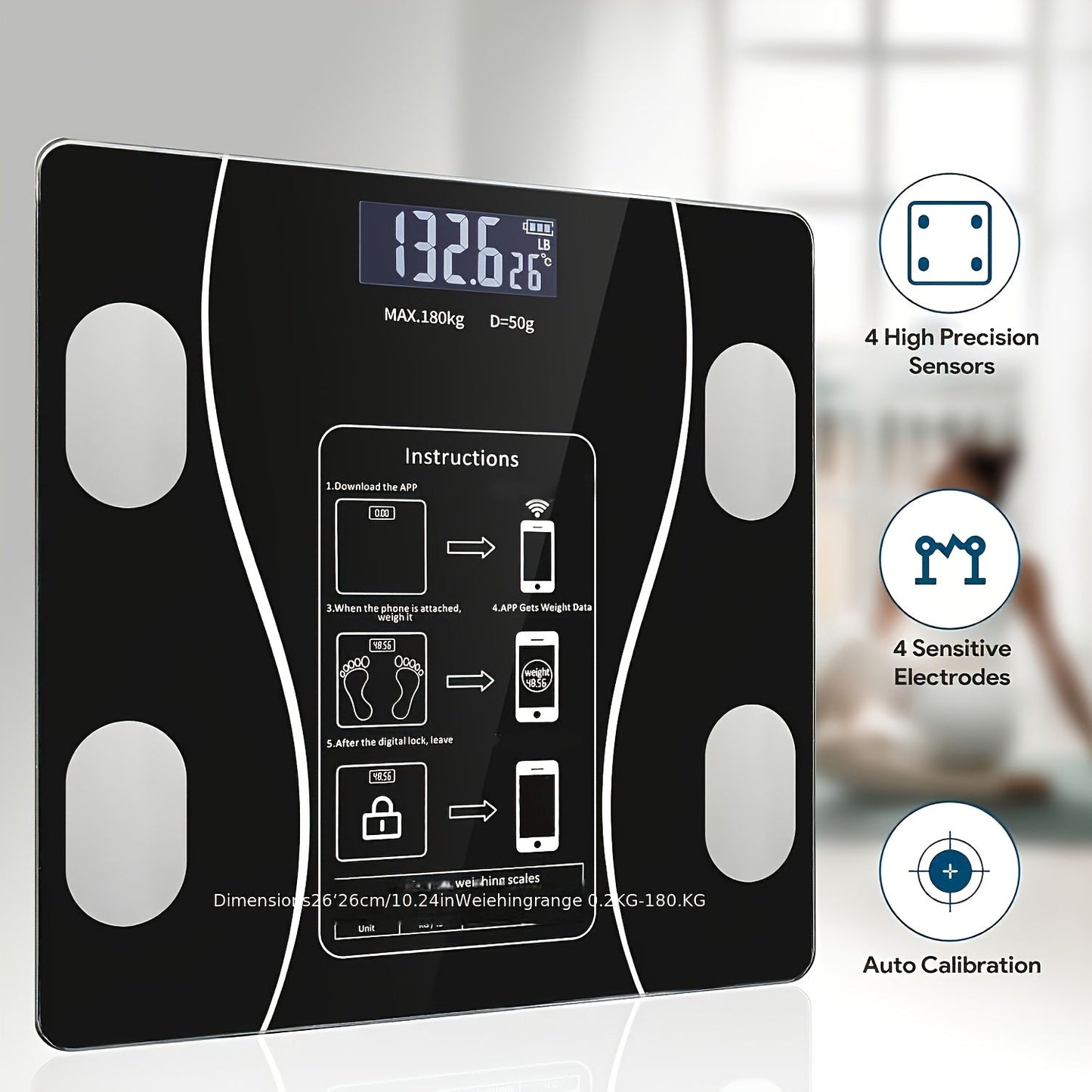 Digital Bathroom Scale 400 lb / 180 kg - Intelligent Body Weight Scale with Backlit LED Display, Sturdy Tempered Glass, Compact Smart Scale for Home