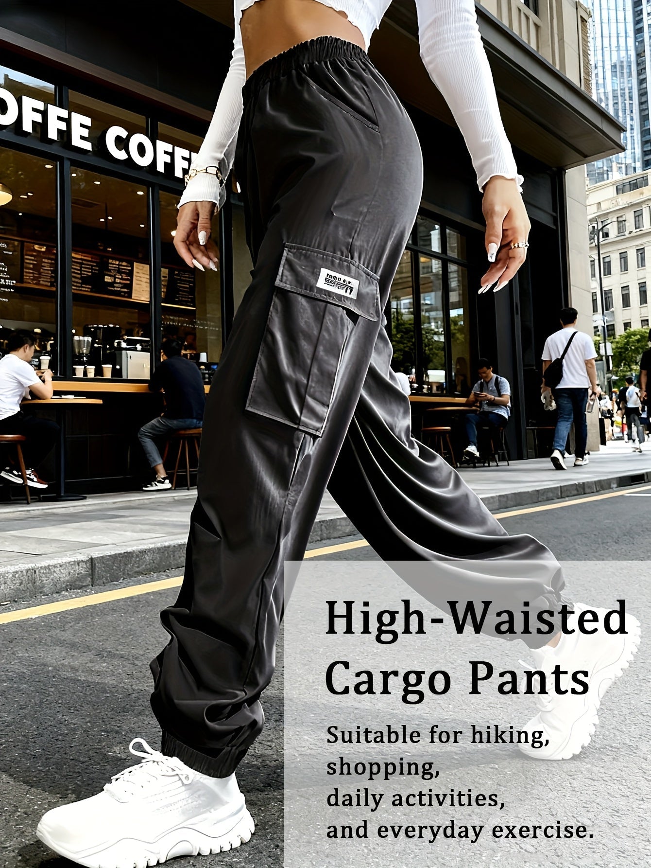 Women's Cargo Pants with Zippered Pockets – Elastic Drawstring Waist Large Pocket Casual Outdoor Trousers Black Grey Green Blue XS-XXL