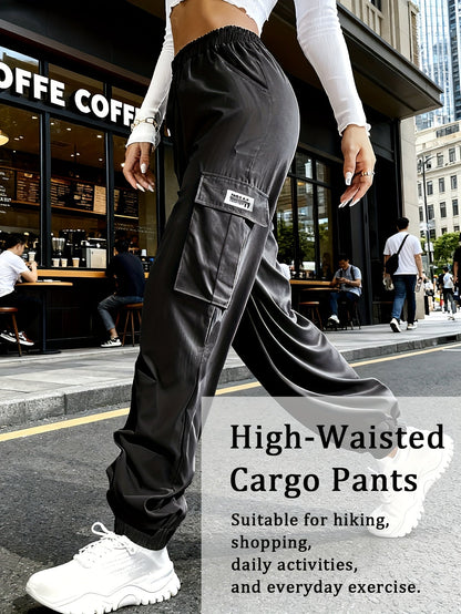 Women's Cargo Pants with Zippered Pockets – Elastic Drawstring Waist Large Pocket Casual Outdoor Trousers Black Grey Green Blue XS-XXL