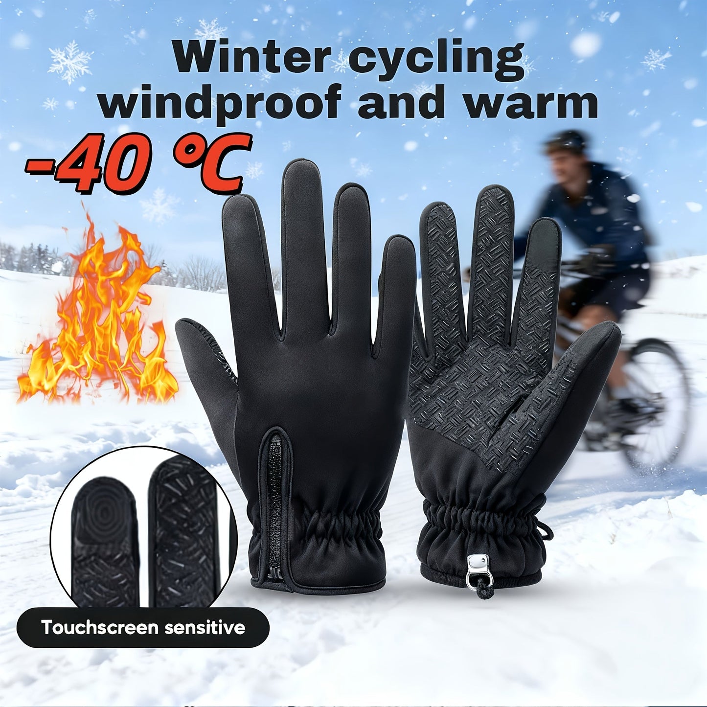 Winter Thermal Gloves Fleece Lined Windproof Touchscreen Zipper Closure Soft Warm Outdoor Gloves for Men Women Black Cold Weather Driving Running Cycling Hiking Daily Wear