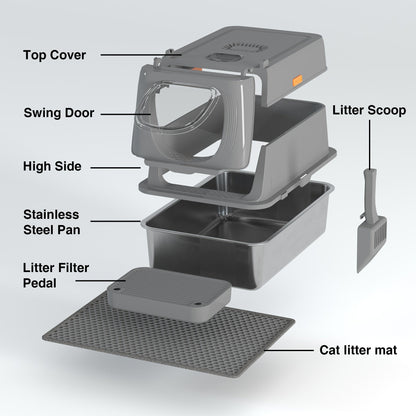 Oversized Enclosed Stainless Steel Cat Litter Box with Lid, Collapsible Anti-Splash Covered Indoor Cat Toilet with Front Flap Door & Superior Odor Control