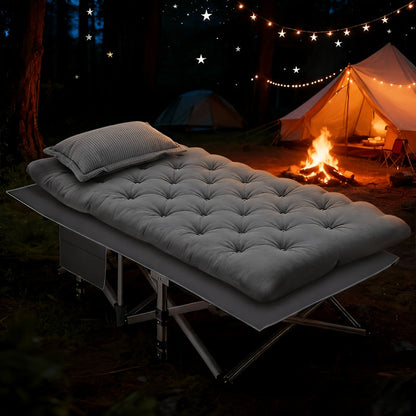 Folding Camping Bed with Mattress & Side Pockets – Heavy Duty Portable Cot for Adults, Foldable Guest Bed for Camping Outdoor Courtyard Terrace Office Guest Room