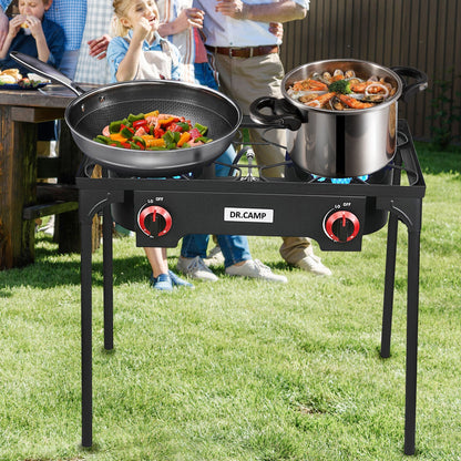 DR.CAMP Portable Propane Camping Stove – Heavy Duty Cast Iron Burner with Detachable Legs, Single & Double Burner Options, High Pressure Outdoor Gas Cooker for Camping, BBQ, Survival & Patio Cooking