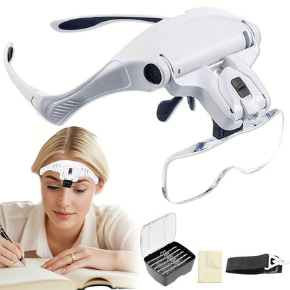 Head Mounted Magnifier with LED Light, 5 Interchangeable Lenses 1.0X-3.5X, Adjustable Headband Magnifying Headset for Jewelry Making, Electronics Repair, Model Building, Reading & Precision Work