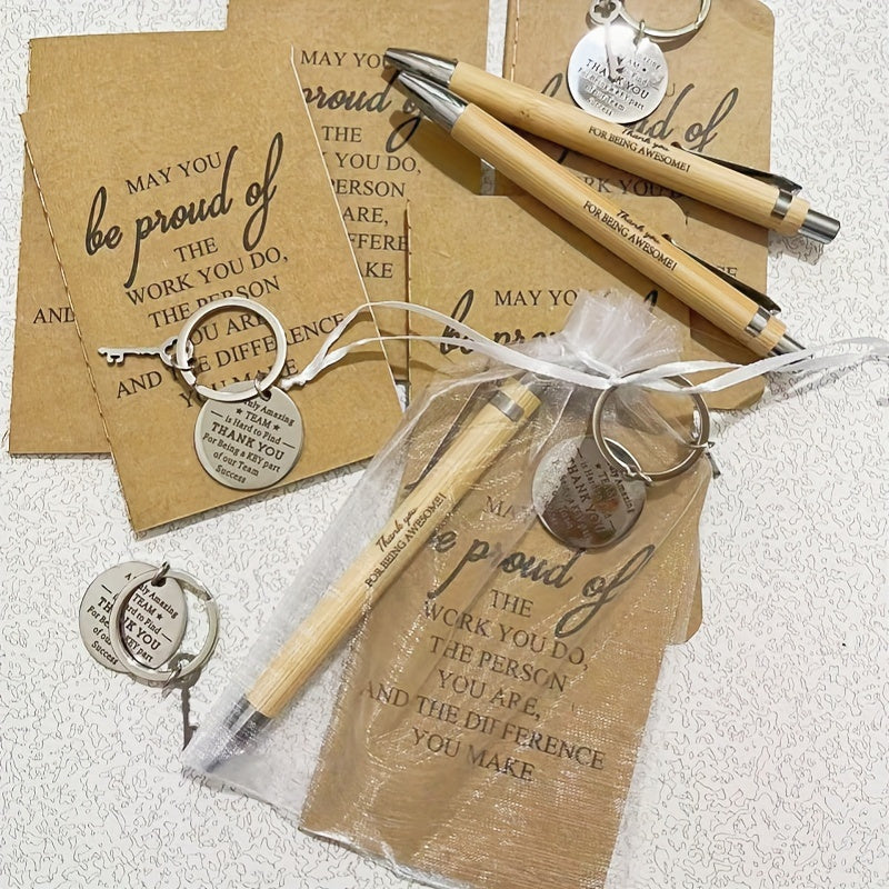 24-Piece Inspirational Gift Set Bamboo Retractable Pen Keychain Gratitude Notebook Gift Bag Bulk Appreciation Gifts for Employees Teachers Thanksgiving Christmas