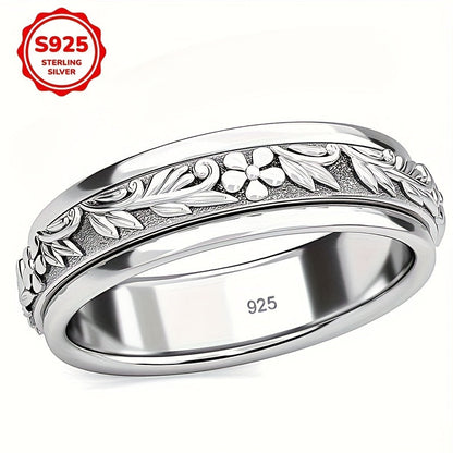 925 Sterling Silver Vintage Carved Leaf & Flower Wide Ring for Women – Elegant Boho Nature-Inspired Statement Band, Hypoallergenic Silver Jewelry Sizes 6-10 for Daily Wear Vacation Summer Gift