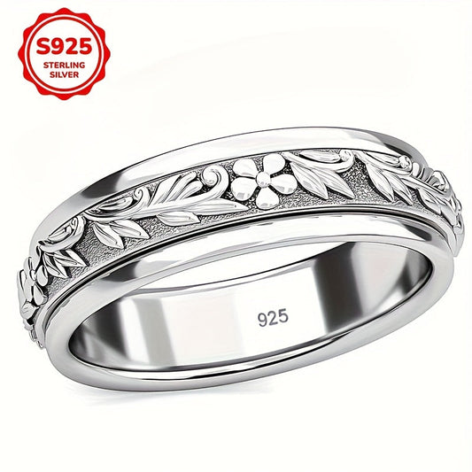 925 Sterling Silver Vintage Carved Leaf & Flower Wide Ring for Women – Elegant Boho Nature-Inspired Statement Band, Hypoallergenic Silver Jewelry Sizes 6-10 for Daily Wear Vacation Summer Gift