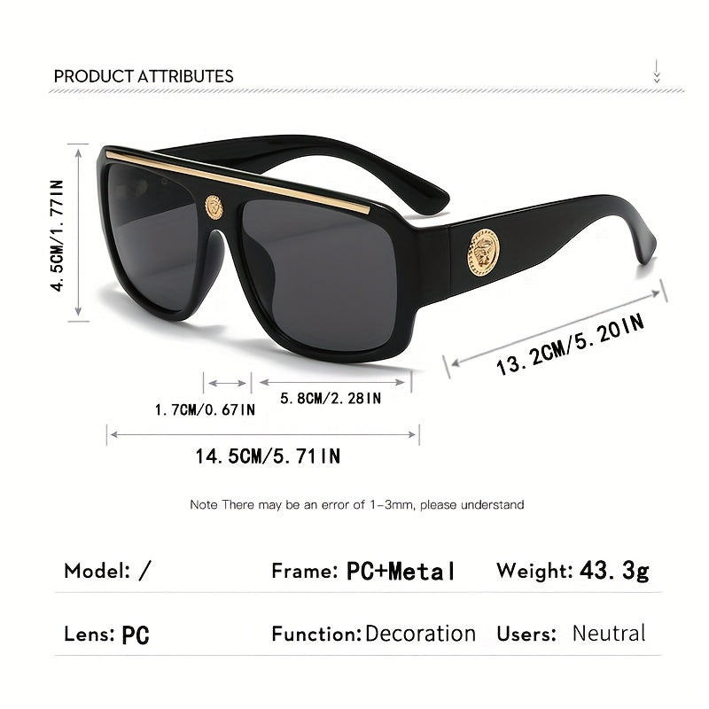 Cyberpunk Oversized Square Sunglasses for Men – Extra Large Frame 139mm+, Black & Gold Metal Trim, Decorative Lens, Futuristic Street Fashion & Cosplay Eyewear