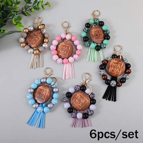 MAMA Wooden Bead Keychain Set 6pcs – Printed Wooden Plaque Charm, Tassel Wrist Key Ring, Anti-Loss Car Keychain & Backpack Accessory, Perfect Mother's Day & Holiday Gift for Mom