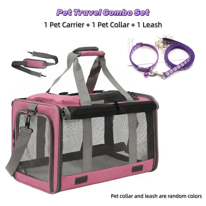 Airline Approved Soft-Sided Pet Carrier for Cats and Small Dogs - Breathable Collapsible Oxford Cloth Travel Crate with Privacy Cover Zipper Closure, Combo Set with Leash and Collar Included