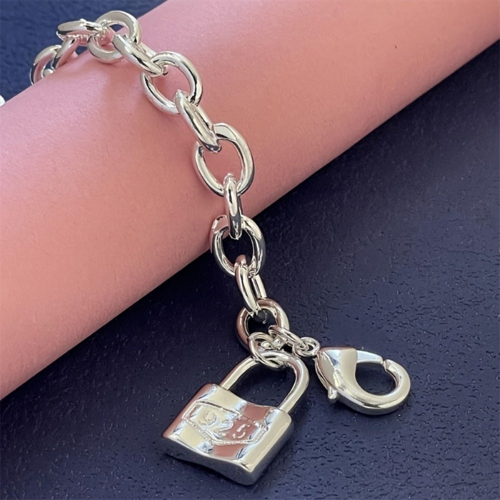 925 Sterling Silver Chain Bracelet for Women – Dainty Korean Boho Lock Clasp Pendant Bracelet, Hypoallergenic, Lightweight 2g, Perfect Gift for Her