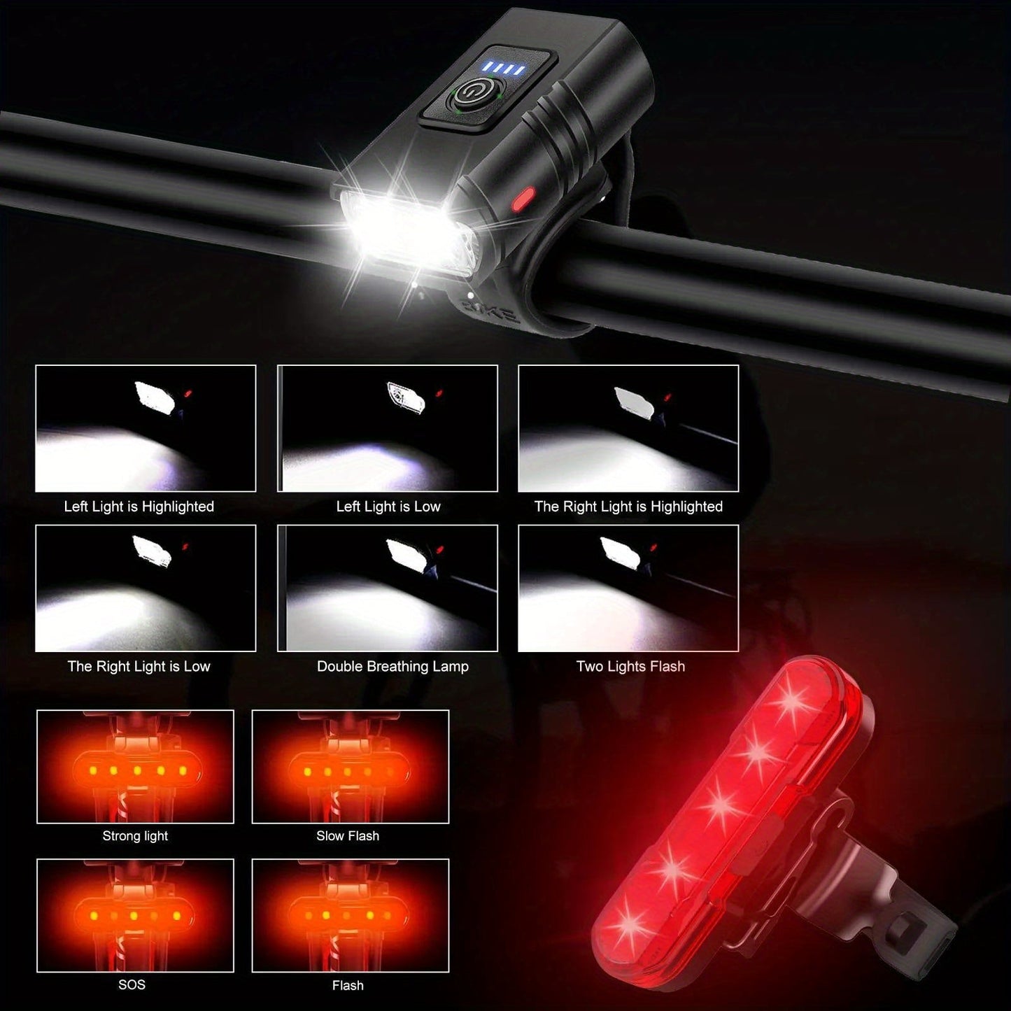 LED Bike Light Set USB-C Rechargeable 1500 Lumen – Front & Rear Bicycle Lights, 6+4 Modes, Waterproof, Power Display, Fast Charging, Safe Night Cycling Light for Road Mountain Bike