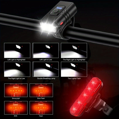 LED Bike Light Set USB-C Rechargeable 1500 Lumen – Front & Rear Bicycle Lights, 6+4 Modes, Waterproof, Power Display, Fast Charging, Safe Night Cycling Light for Road Mountain Bike
