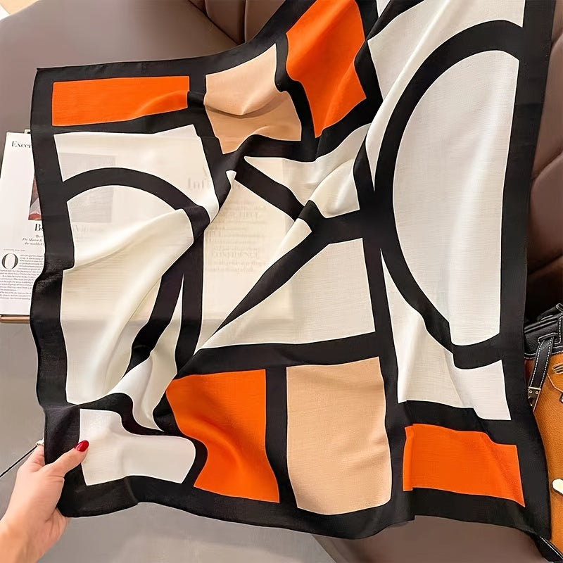 Women's Color Block Viscose Scarf & Shawl – Soft Breathable Geometric Print Windproof Sun Protection Wrap for Casual Outings Travel, Lightweight Hand-Wash Easy Care, Beige Khaki Orange