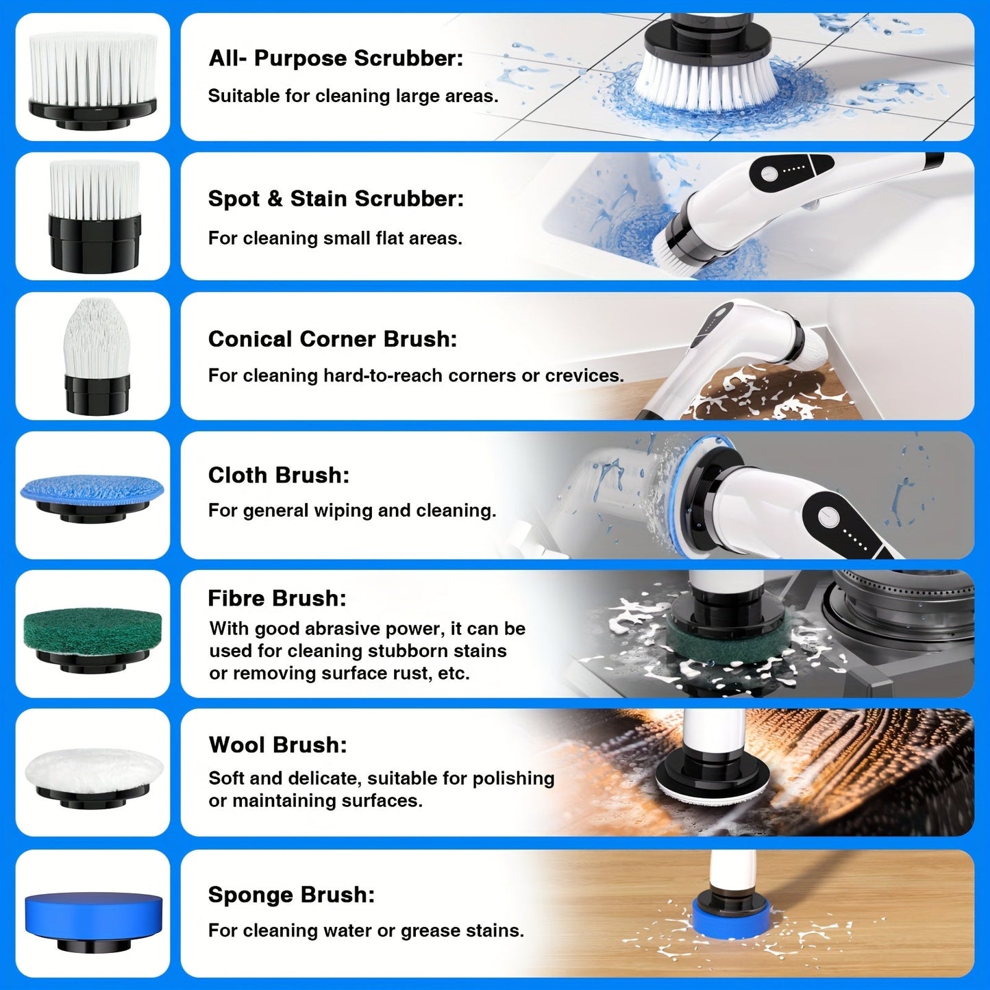 Electric Spin Scrubber Cordless 7-in-1 Cleaning Brush with 7 Replaceable Heads Dual Speed Adjustable Detachable Telescopic Handle for Bathroom Tile Tub Kitchen Car Floor Grout Scrubbing