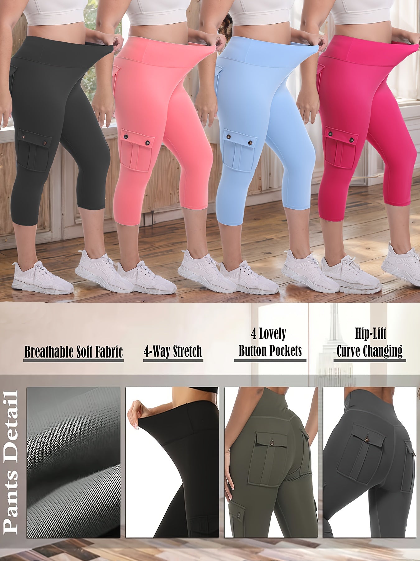 Women's High Waist Yoga Capri Pants 4-Pack 4-Way Stretch Butt Lifting Tummy Control 4 Pockets - Workout Running Sports Leggings S-XXL All Season