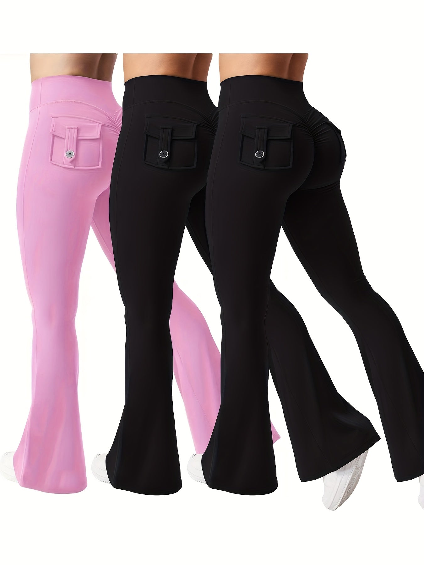 Women's 3-Piece High Waist Flare Yoga Pants Set with Belt and Pockets, Scrunch Butt Lifting Squat Proof 90% Polyester Stretchy Flared Leggings for Workout Gym Running Casual Wear