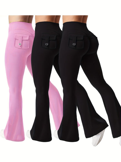 Women's 3-Piece High Waist Flare Yoga Pants Set with Belt and Pockets, Scrunch Butt Lifting Squat Proof 90% Polyester Stretchy Flared Leggings for Workout Gym Running Casual Wear