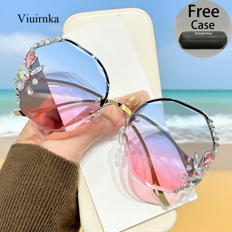 Women's Diamond-Accented Fashion Sunglasses with Case – Gradient UV Protection Lenses, 7 Colors – Stylish Eyewear for Daily Wear, Parties & Summer
