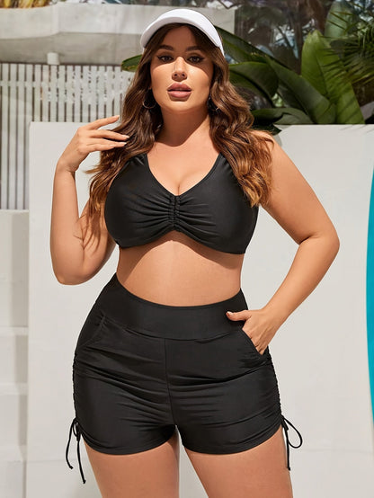 Women's High-Waisted Swim Shorts Plus Size Retro Stretchy Solid Color Drawstring Side Pockets Machine Washable Beach Pool Swimwear 0XL-4XL Elegant Comfortable Fit