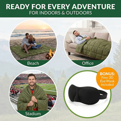 Outdoor Camping Puffy Blanket Foldable Lightweight Warm DWR Water Resistant with 3D Eye Mask 140x200cm for Camping Travel Car Beach Stadium Hammock Sofa Festival