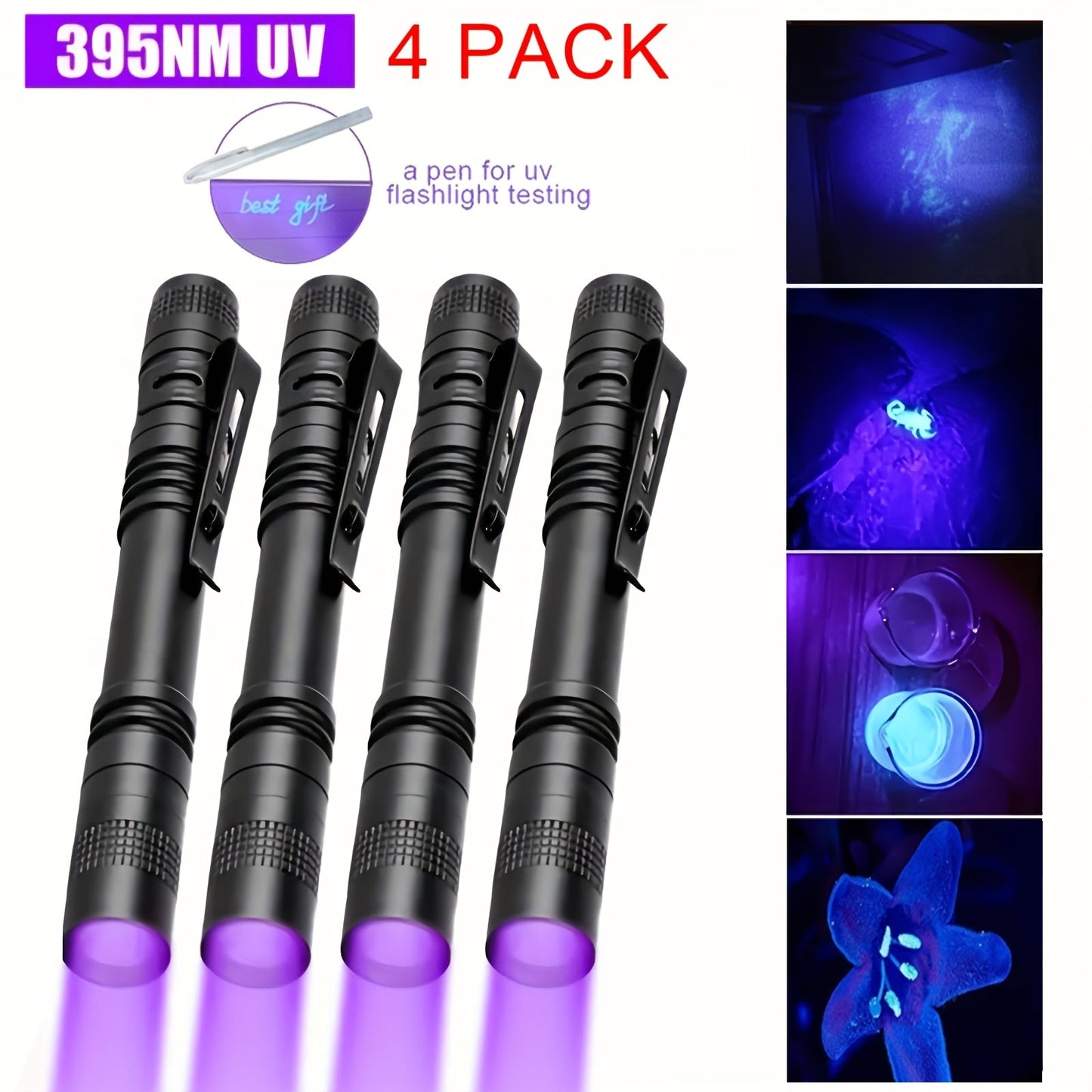 UV Blacklight Flashlight 395nm Portable Ultraviolet Light for Counterfeit Detection Pet Urine Stain Scorpion Hunting Ringworm, Multi-Pack 4/6/8/12pcs, AAA Battery Powered
