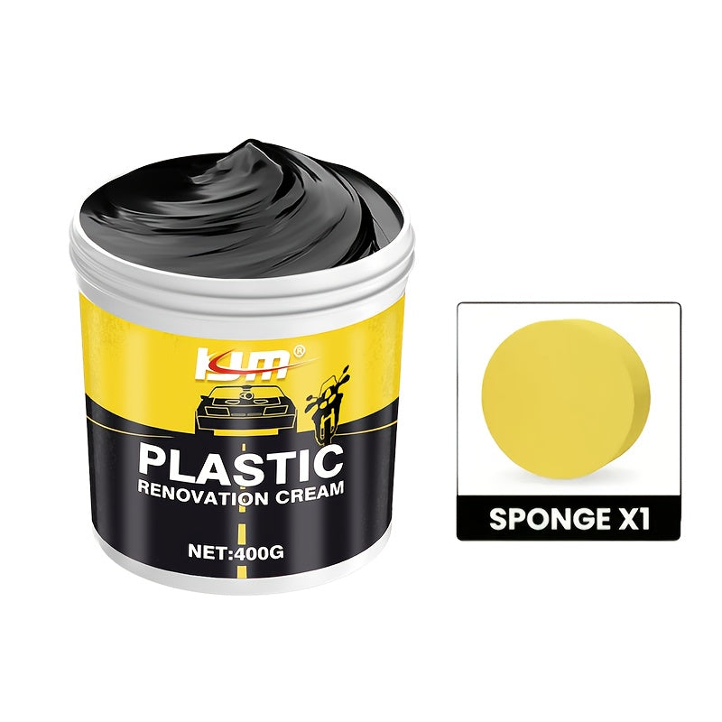 Car Plastic & Rubber Repair Cream All-in-One Trim Restorer Scratch Remover Tire Shine Wax, Anti-Cracking Anti-Aging Formula for Interior Exterior Car Detailing, Includes Sponge