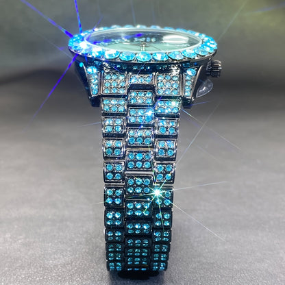 Rhinestone Couples Watch Set Luxury Quartz Movement Calendar Luminous Display for Men Women Red and Ice Blue Rhinestone Party Fashion Gift Watch