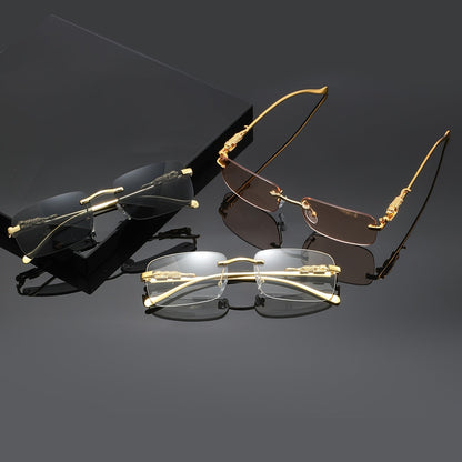 Leopard Print Frameless Square Sunglasses for Men Women – Gold Frame with Case & Cleaning Cloth, Champagne White Gray Lens, Trendy Unisex Eyewear for Casual Outfits, Parties & Photo Props