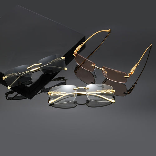 Leopard Print Frameless Square Sunglasses for Men Women – Gold Frame with Case & Cleaning Cloth, Champagne White Gray Lens, Trendy Unisex Eyewear for Casual Outfits, Parties & Photo Props