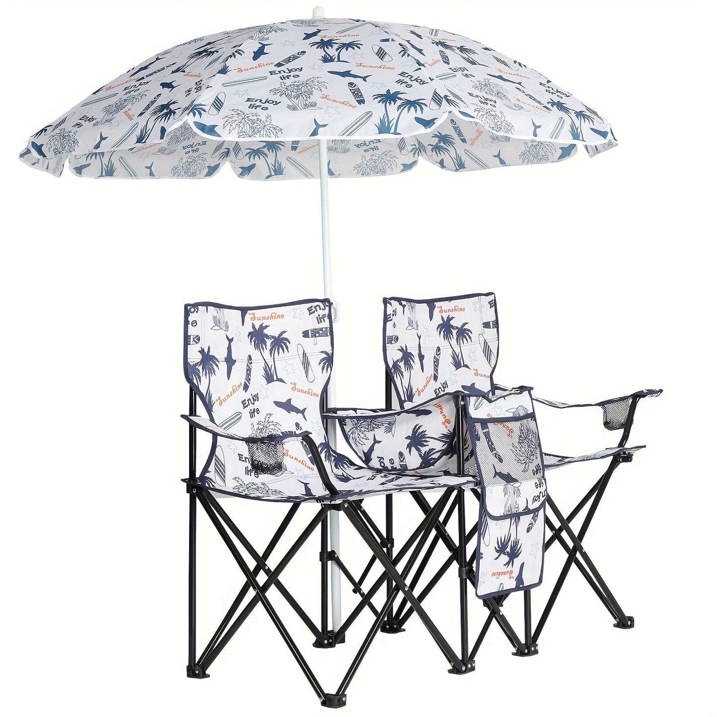 2-Person Outdoor Folding Chair with Removable Sun Umbrella – Portable Loveseat Camping Chair with Handrails for Fishing Beach Sunbathing Picnic