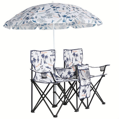 2-Person Outdoor Folding Chair with Removable Sun Umbrella – Portable Loveseat Camping Chair with Handrails for Fishing Beach Sunbathing Picnic