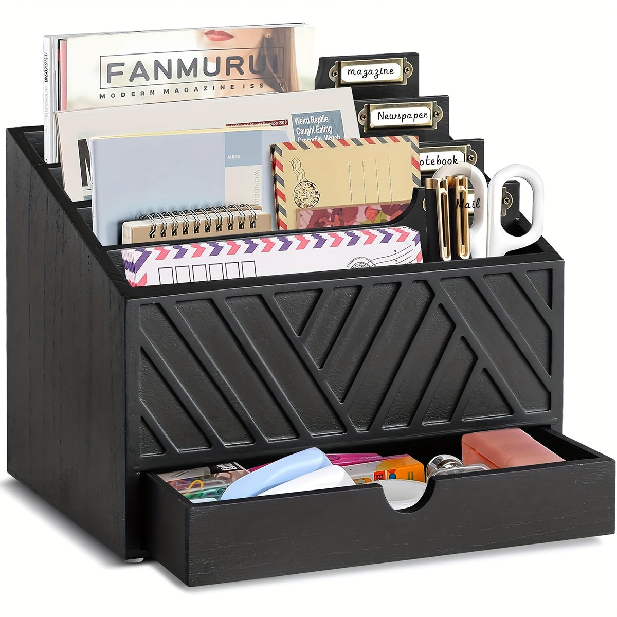 Large Solid Wood Desktop Mail Organizer with Drawer and 4 Compartments Labelable Dividers for Files Letters Paper Folders Desk Organizer for Home Office Students and Professionals