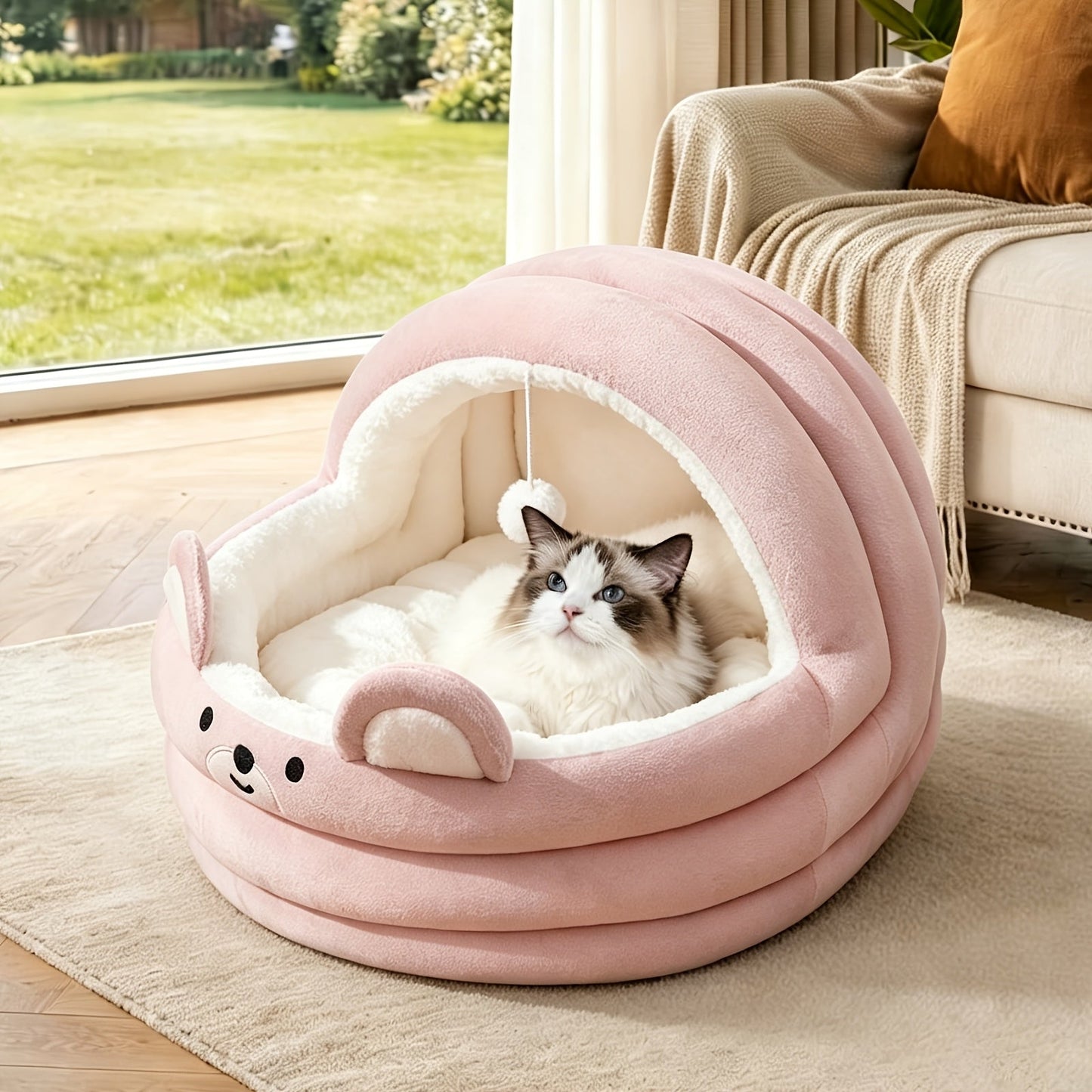 Round Plush Cat Bed & Pet Mat for Cats and Small Dogs – Large Circular Donut Design, Soft Comfortable All-Season Sleeping Pad, S M L Sizes, Includes Bonus Toy Balls, Cozy Cat Nap Cushion