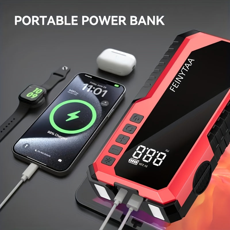 Jump Starter with Digital Tire Inflator 5000A/10000A Peak, Multi-Function Car Jump Box with Smart Battery Clamps LED Flashlight Power Bank, Emergency Kit for Car RV Motorcycle