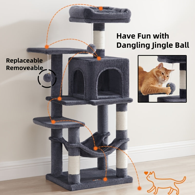 Multi-Level Cat Tree Tower 44-66 Inch with Hammock Sisal Scratching Posts Cozy Cave Perches Anti-Tilt Stable Cat Condo for Multi-Cat Families Kittens & Cats Gift