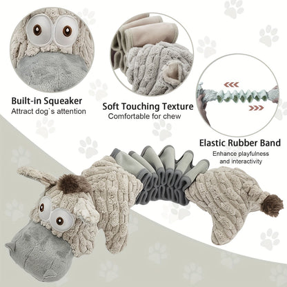 Elastic Stretch Donkey Plush Squeaky Dog Toy – Durable Tug & Chew Toy for Small, Medium & Large Dogs, Textured Spikes, No Batteries Required, Soft Gray & White Animal Design