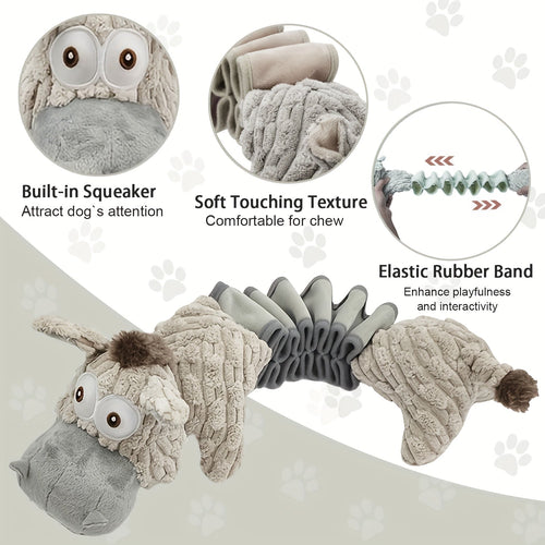 Elastic Stretch Donkey Plush Squeaky Dog Toy – Durable Tug & Chew Toy for Small, Medium & Large Dogs, Textured Spikes, No Batteries Required, Soft Gray & White Animal Design