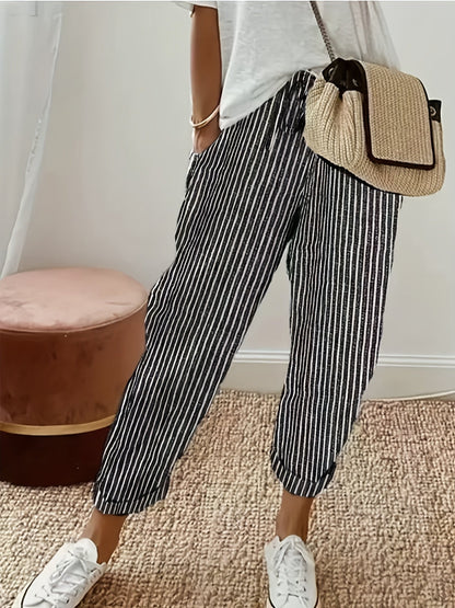 Women's High-Waisted Wide Leg Pants - Casual Loose Fit Side Stripe Trousers, Lightweight Breathable Polyester Fabric for Everyday Wear, Sizes S-XXL, Black Brown Green Blue Red