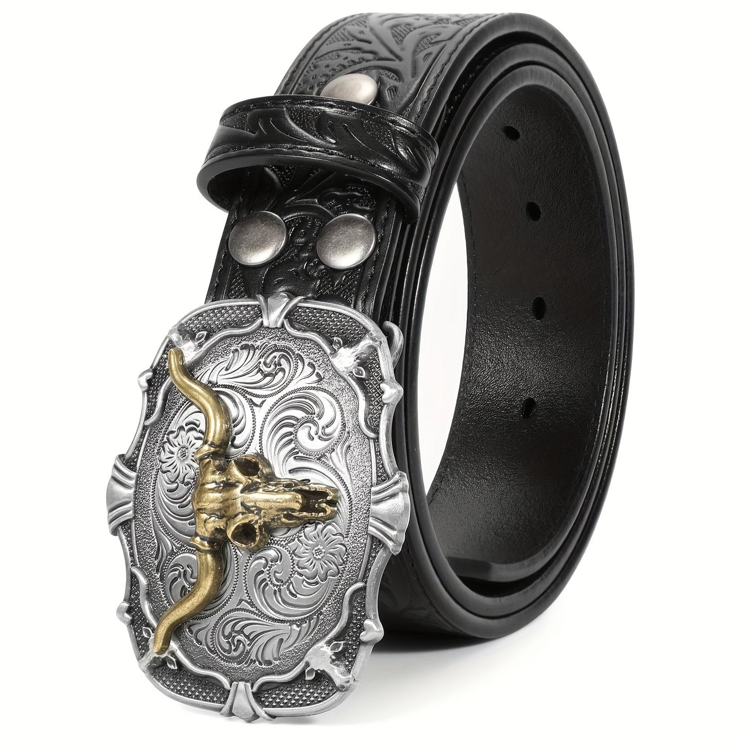 Vintage Engraved Western Belt with Bullhead Buckle - Adjustable Distressed Leather Cowboy Waistband for Men and Women, Country Music Festival Rodeo Accessories, Black Brown Coffee