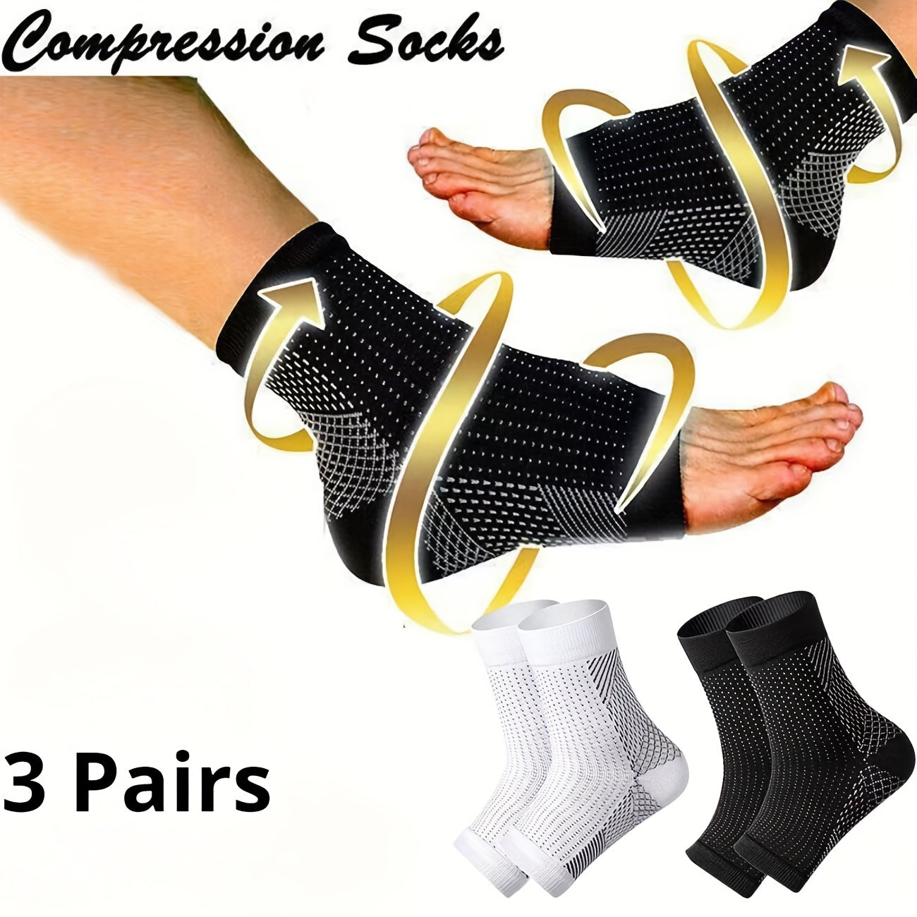 3 Pairs Open Toe Compression Socks for Men & Women Ankle Heel Brace Breathable Athletic Socks for Running Hiking Cycling Everyday Wear S-XL