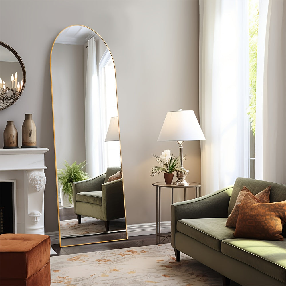 Full Length Floor Mirror with LED Lights - Arched & Rectangle Top, Aluminum Frame, 71" Standing Dressing Mirror for Bedroom & Living Room, Black Gold White, 5mm Tempered Glass
