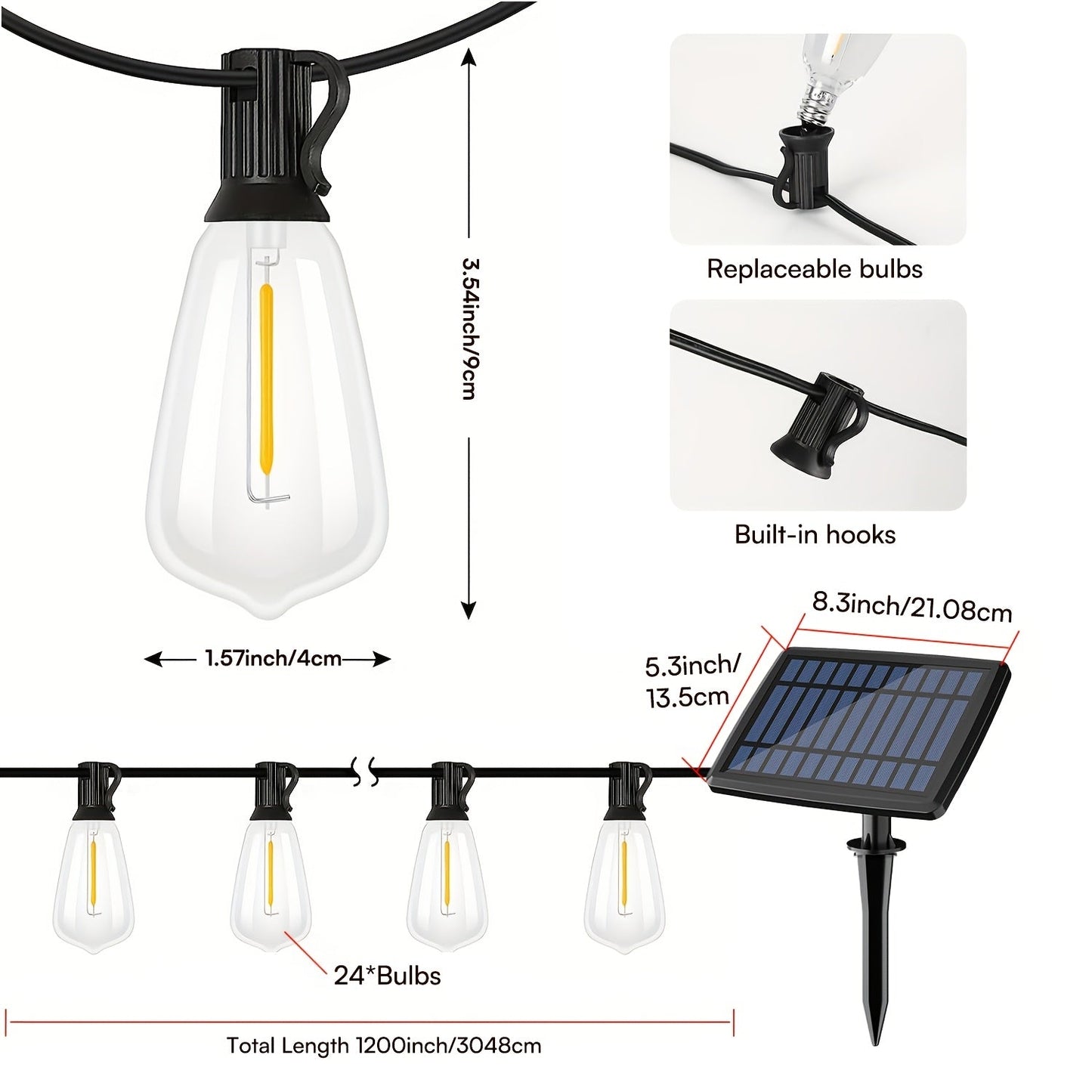 Solar LED String Lights Outdoor Waterproof 50FT & 100FT – ST38 Shatterproof Dimmable Bulbs, USB-C & Solar Powered, 4 Modes, for Patio Yard Pool Garden Wedding Camping Christmas Decor
