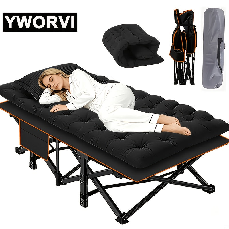 Folding Camping Bed with Mattress & Side Pockets – Heavy Duty Portable Cot for Adults, Foldable Guest Bed for Camping Outdoor Courtyard Terrace Office Guest Room