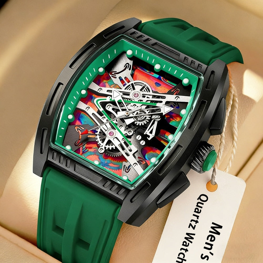 Men's Barrel Shape Tonneau Quartz Watch – Retro Vintage Style Silicone Strap Fashion Business Wristwatch, Luxury Male Analog Watch in 5 Colors White Black Red Blue Green, Birthday Holiday Gift for Him