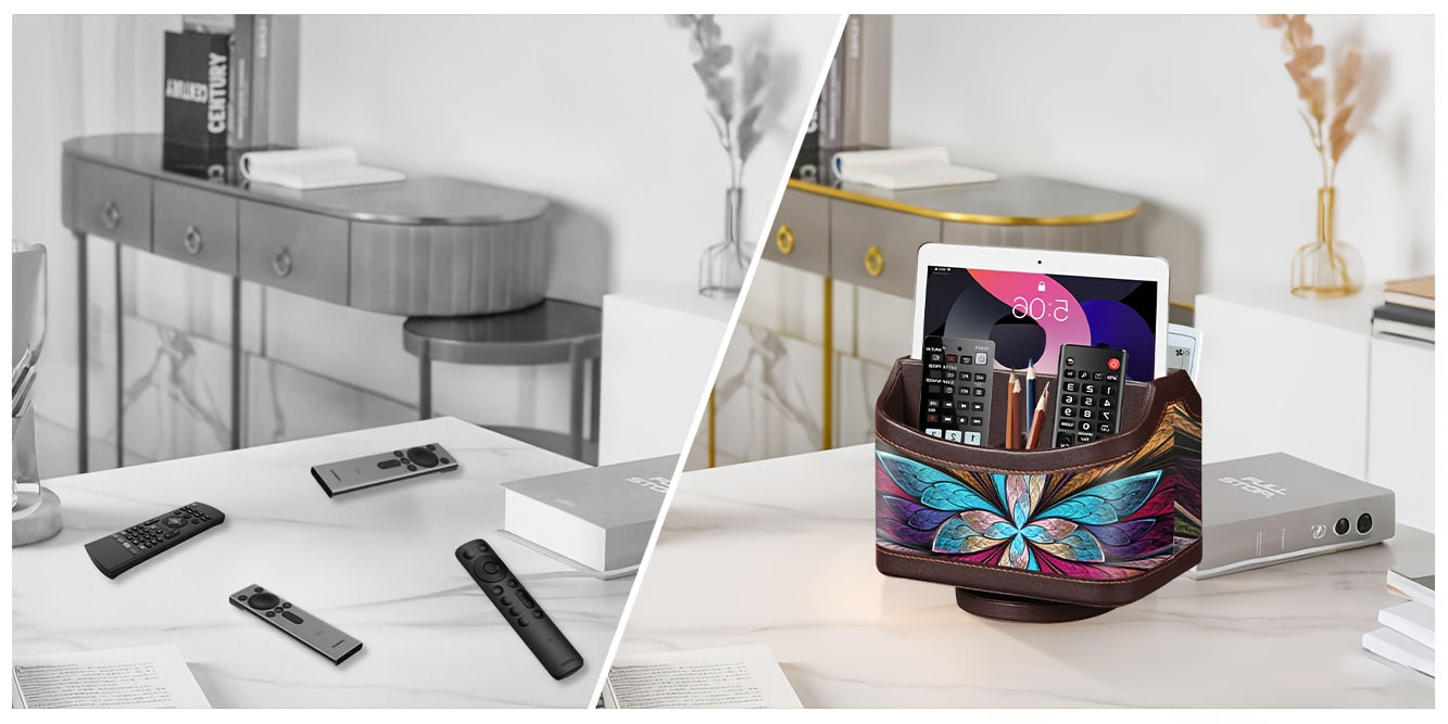 360° Swivel Remote Control Holder – 5-Compartment PU Leather Desk Organizer for TV Remotes, Phones, Eyeglasses, Pens & Office Accessories, Rotating Desktop Storage Caddy