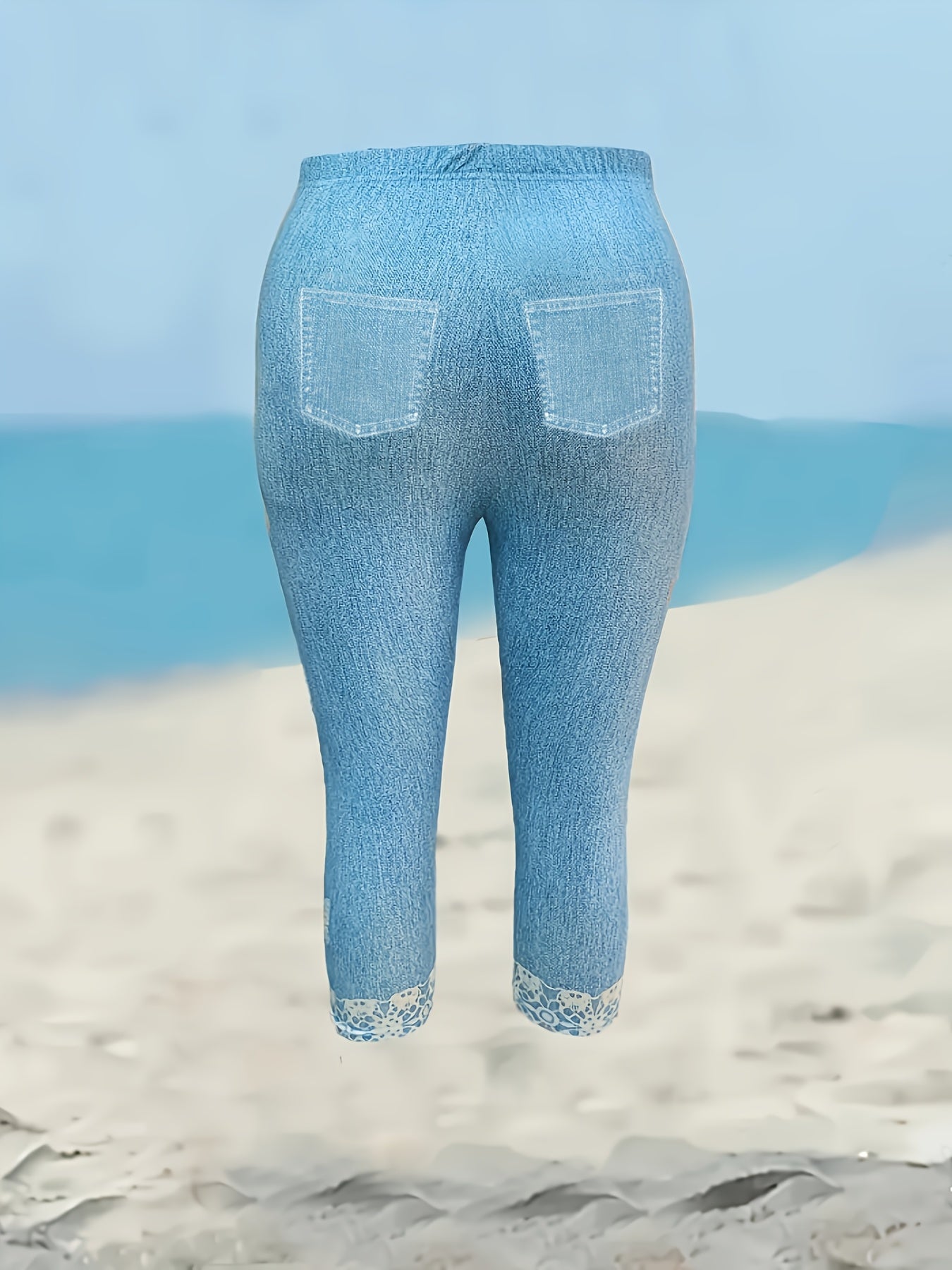 Women's Butterfly Print Denim-Style Capri Pants – Stretch Slim-Fit Mid-Length Leggings with Lace Trim, Sky Blue, Smooth All-Season Casual Elegant Bottoms, Sizes S-XXL
