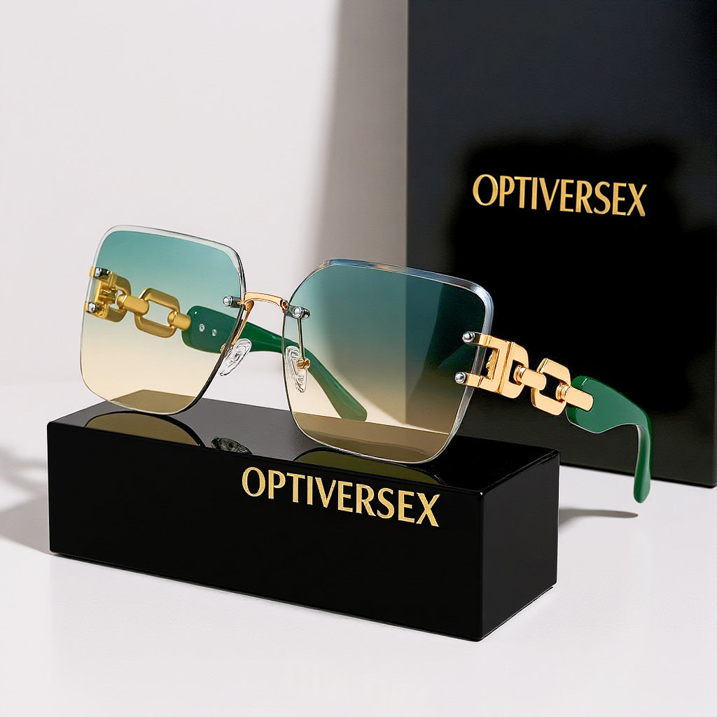 Oversized Square Sunglasses for Women – UV400 Gradient Lenses, Gold-Tone Metal Chain Temples, 4 Colors, Includes Portable Case & Cleaning Cloth